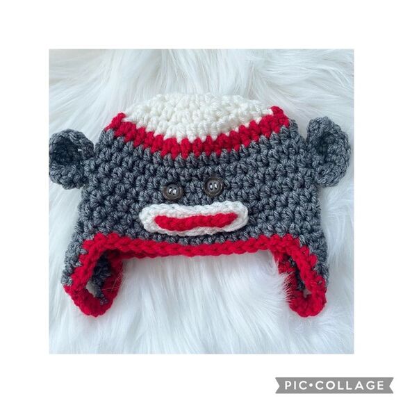 Crochet Baby Hat Sock Monkey 0 - 3 months - Picture 1 of 8